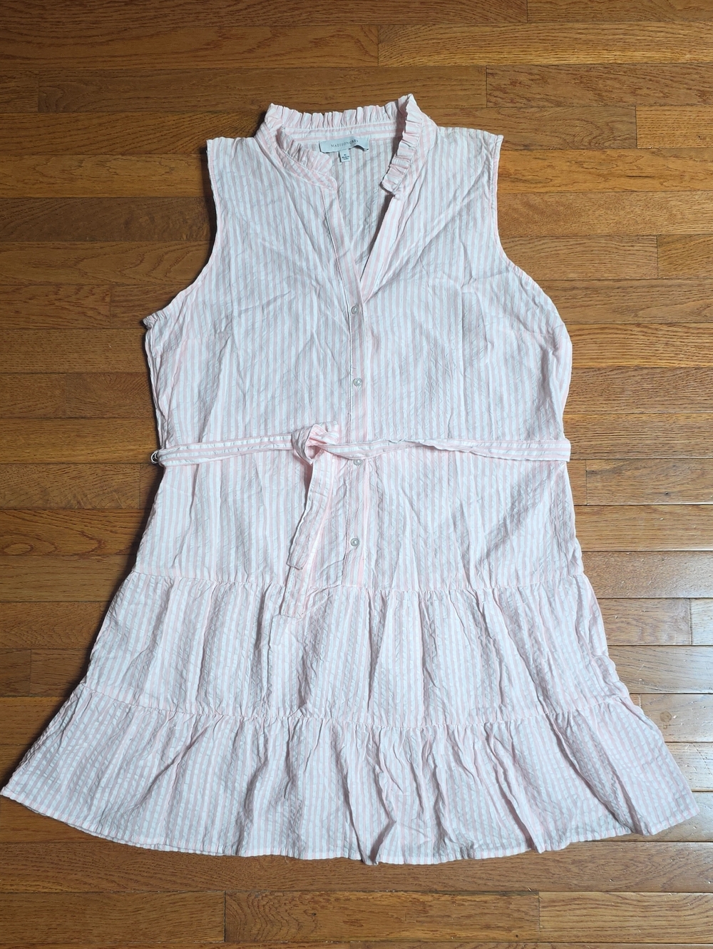 Madison Grey, Light And Flowy Pink and White Sleeveless Striped Tiered Dress